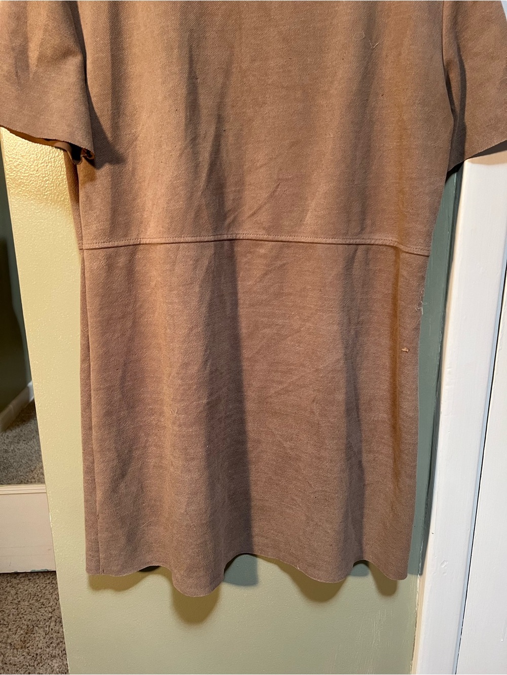 Zara Women’s Size Large Short Sleeve Shift Dress Tan Brown Sweatshirt Crewneck - Picture 9 of 10